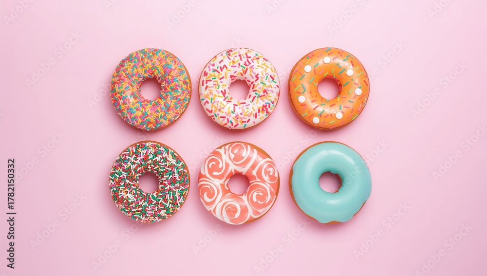 Fototapeta premium Wide-angle shot of six vibrant sprinkled and iced donuts against a plain pastel pink backdrop