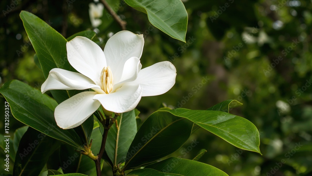 Obraz premium Magnolia grandiflora, large white blooms of the Southern magnolia tree, seasonal beauty