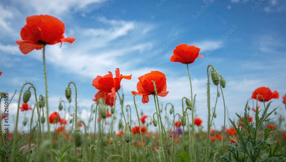 Fototapeta premium Bright red poppy flowers blooming with green buds and seed pods against a backdrop of a clear blue and white sky.