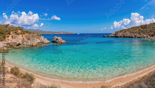 Fototapeta Naklejka Na Ścianę i Meble -  Clear waters mirroring the sky with rocky coastlines, erosion risk