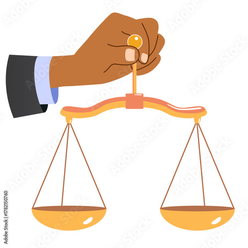 Cartoon vector illustration of a male hand holding a balance scale symbolizing law and justice, isolated on transparent background. Clip art for legal services, law firms and ethical concept visuals.