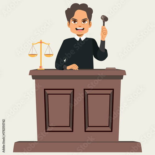 Cartoon vector illustration of a Latino male judge holding a gavel hammer isolated on white background. Drawing for law, courtroom, decision-making and justice-related concepts