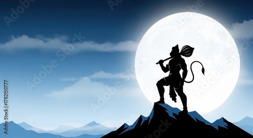 Silhouette of hanuman standing on mountain peak against full moon