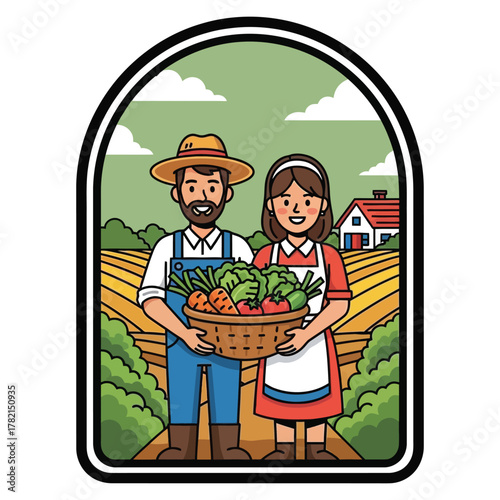 Joyful farmers proudly display abundant harvest of fresh vegetables in sunny field, embodying healthy living and agricultural bounty
