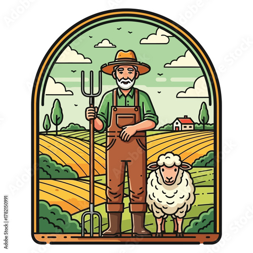 Smiling farmer with pitchfork and sheep standing in golden sunlit fields with farmhouse in background