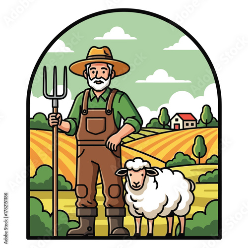 Proud farmer with pitchfork and fluffy sheep stands in golden fields near a charming farmstead under a bright, cloudy sky