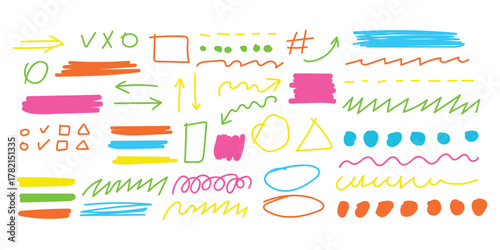 Hand drawn colorful shapes and lines highlighters icon vector. notes, illustrations and decorations texts, articles, slideshow symbol. vector illustration.