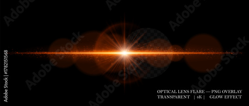 Optical lens flare with glowing core, scattered particles, and horizontal beam. Perfect for overlays, cinematic highlights, and futuristic visual effects in digital design.