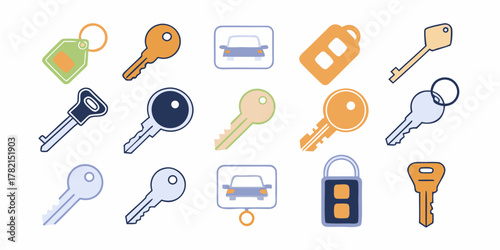 Collection of colorful flat design icons representing various keys and car access symbols