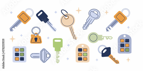 Collection of various flat design keys and key fobs with a white background and sparkling stars