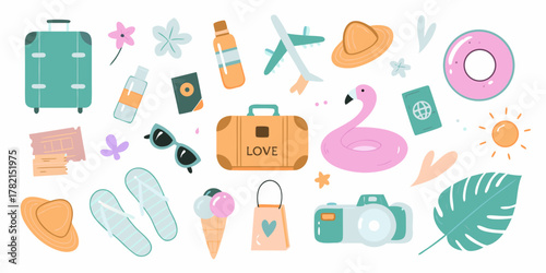 Collection of cute travel and vacation icons including suitcases airplane passport sunglasses ice cream and flamingo float