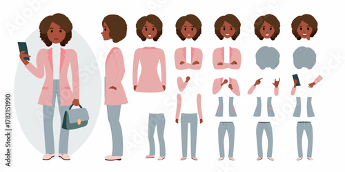 African american woman character creator kit with various poses outfits and accessories