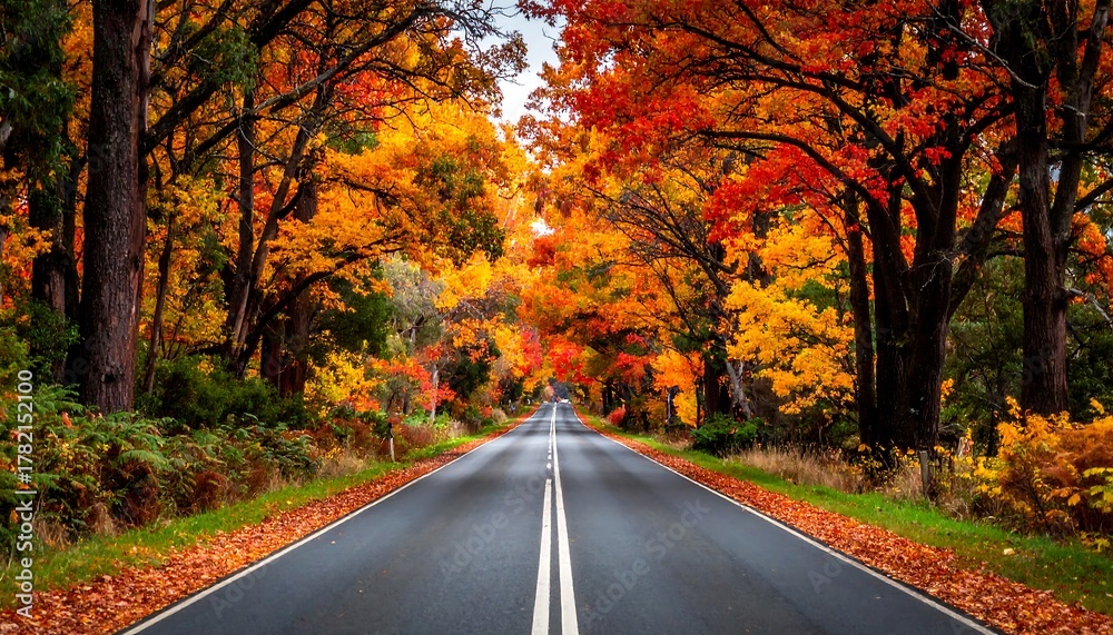 Fototapeta premium Road cutting through autumn foliage tunnel, with vibrant orange, red, and yellow leaves overhead