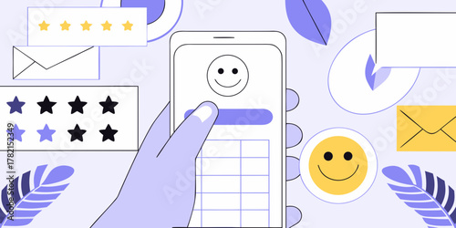 Customer feedback and satisfaction survey on a smartphone with star ratings and smiley faces