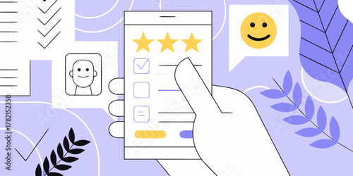 Customer feedback and satisfaction survey on a smartphone with stars and smiley face icon