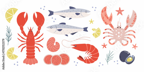 A delightful collection of colorful seafood illustrations including fish shrimp lobster crab salmon and lemon slices