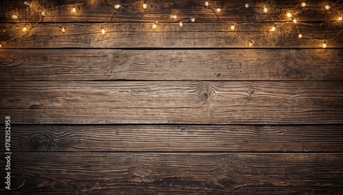 Fototapeta Naklejka Na Ścianę i Meble -  Rustic wooden backdrop with holiday lights, suitable for festive text layout