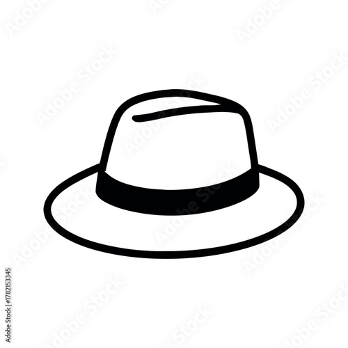 Traditional brimmed fedora style hat with dark band in a minimalist graphic design
