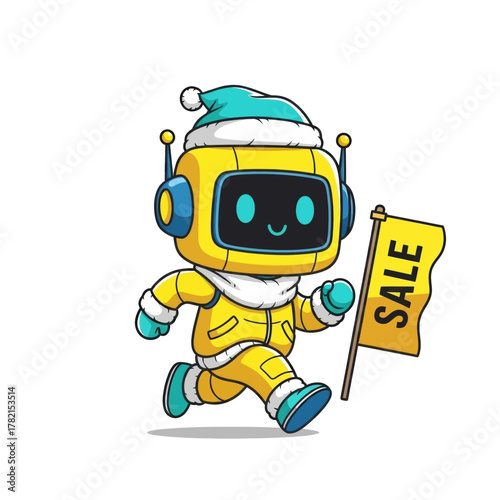 A cute yellow cartoon robot in a winter hat and jacket runs while carrying a sale flag.