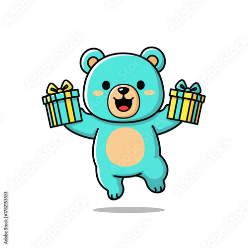 A cute light blue cartoon bear happily jumping in the air while holding two yellow gift boxes.