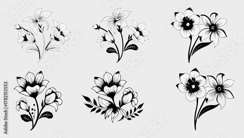 Elegant black and white floral illustrations perfect for adding a touch of natural beauty to any design project, offering timeless appeal and versatile use.