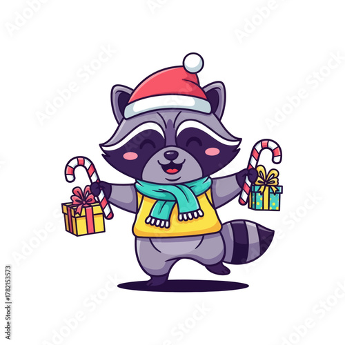 A cute cartoon raccoon wearing a Santa hat and scarf, holding candy canes and gifts.