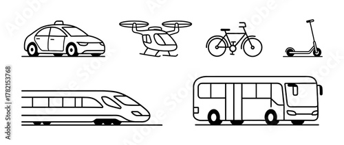 Diverse transportation methods including car, helicopter, bicycle, scooter, train, and bus in black and white