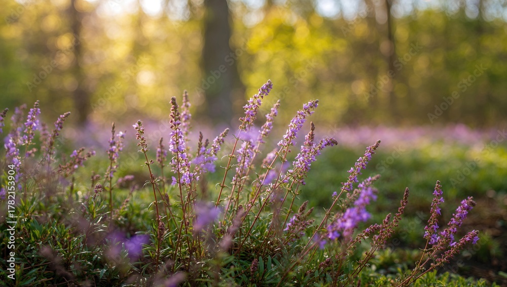 Obraz premium Macro photography of heather blooming in a spring forest, showcasing seasonal change