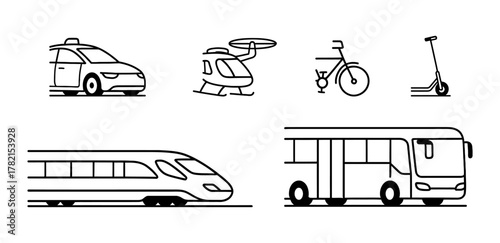 A Group of Linear Style Transportation Icons Featuring a Taxi, Helicopter, Bicycle, Scooter, Train, and Bus