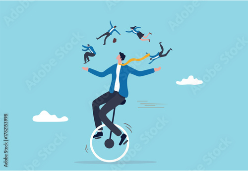 People management or HR, human resources, diversity or inclusive, career and recruitment concept, smart skillful businessman manager riding unicycle balance juggling team members diversify people.