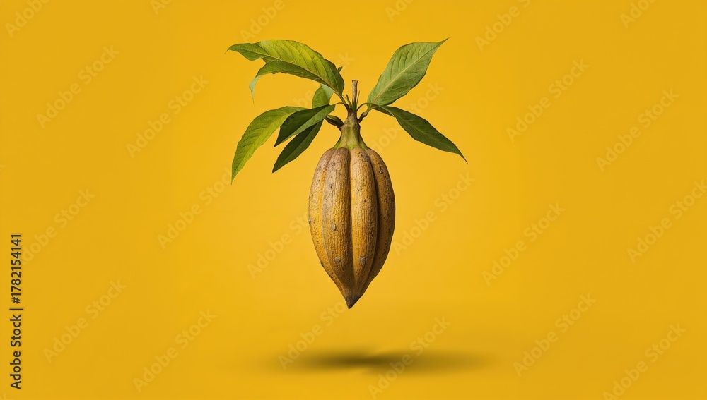 Fototapeta premium Cocoa pod suspended in mid-air against a yellow backdrop, exploring levitation concepts