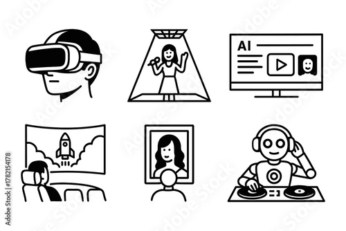 Virtual Reality Headset User with Hologram Stage Performer and Robot DJ Line Art