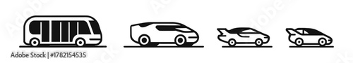 Icons depicting the evolution of the automobile, from bus to car with spoiler