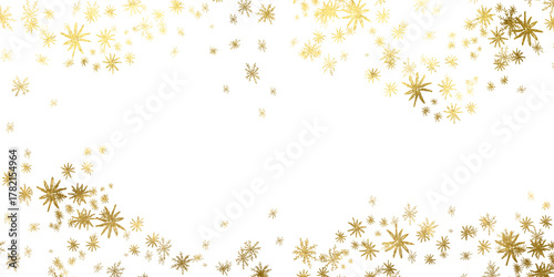A gold frame made of falling snowflakes. Golden shimmering snowflakes, frosty glow, particles and magical winter overlay for holiday projects.  Gold Foil frame transparent PNG.