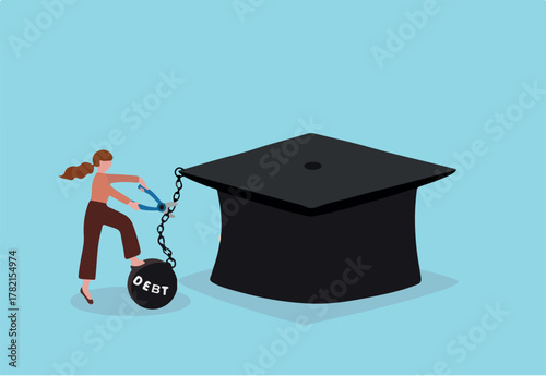 Student loan debt pay off or forgiveness program, cut education expense or reduce fee concept, young adult woman cut chain to relief from student loan debt burden metal ball from graduated mortarboard