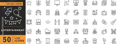 Entertainment line icon set. Editable stroke. Vector illustration.