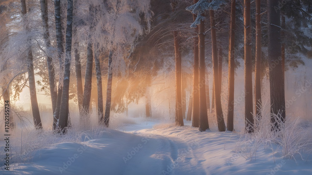 Naklejka premium Snowy forest path bathed in warm sunlight during a frosty winter morning, creating a serene atmosphere