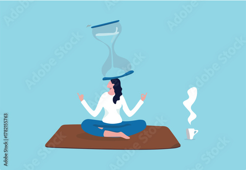 Patience time, practice to concentrate and wait for success, being professional calm and mindfulness thinking, endurance concept, relax woman sitting with sandglass on her head practicing patience. 