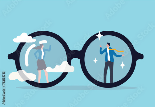 Gender bias, sexism inequality in workplace and social, prejudice, stereotyping, or discrimination against women concept, eyeglasses with clear vision on businessman and unclear blurry vision on woman