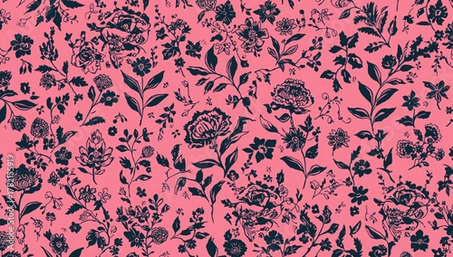 Pink floral silhouette design on hand-drawn abstract backdrop, suitable for textile and wallpaper applications