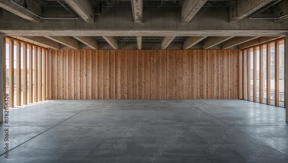 Fototapeta premium View of a wooden panel and concrete structure surrounding a vacant slab inside a construction site