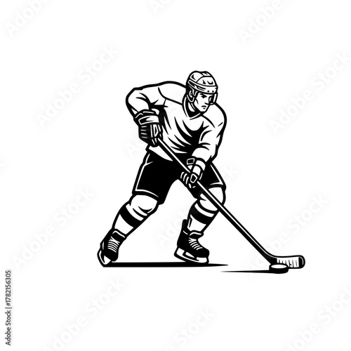  Dynamic Ice Hockey Player Shooting Puck - Bold Black and White Vector Illustration generative ai 