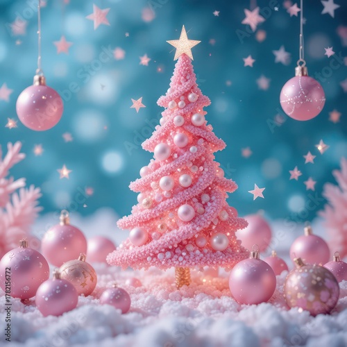 Red glass christmas ornaments and golden stars hanging together in festive holiday scene