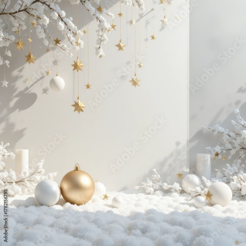 Elegant luxury minimalist golden christmas ornaments with white sparkling background