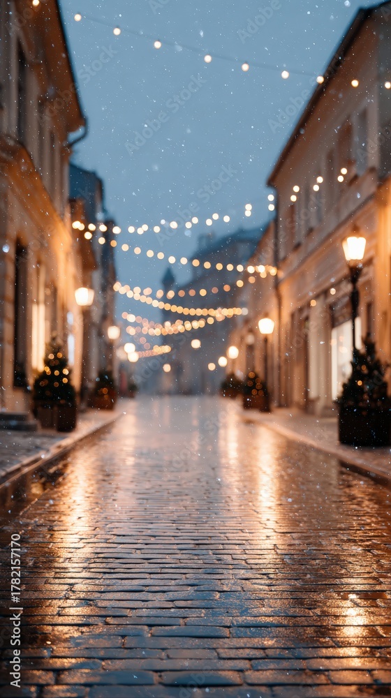 Fototapeta premium Snowy night street with glowing Christmas lights and reflections, Selective Focus, Copy Space, Christmas Magic