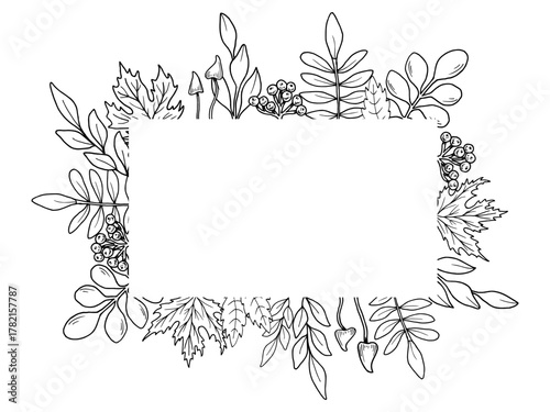 Horizontal frame with maple leaves, rowan berries and mushrooms. Hand drawn botanical vector illustration. Black line art graphic. Autumn garden background for holidays, invitations, Thanksgiving