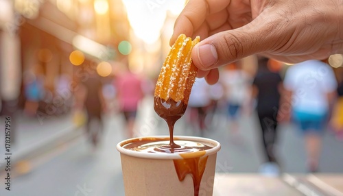 Enjoying a crispy churro dipped in warm chocolate, a sweet street treat.