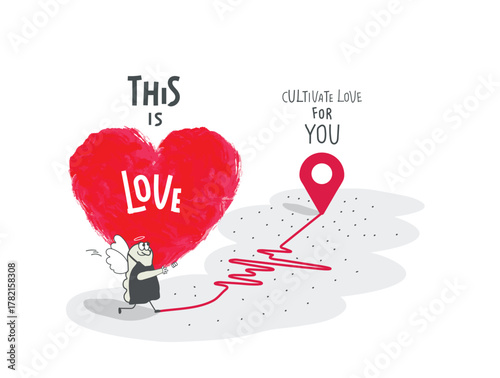 Vector hand drawn cartoon sketch of Angel who brings great love as a gift for you. Angels advise and draw our attention by creating a seed of love.Concept of philanthropy and support. 