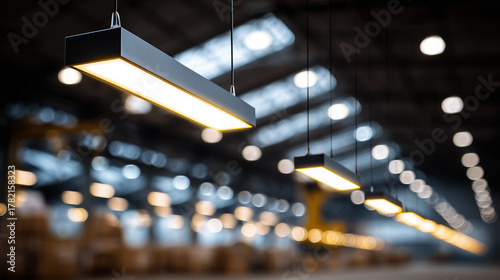 Industrial LED ceiling lights illuminating a modern warehouse interior, representing factory lighting and industrial workspace design.