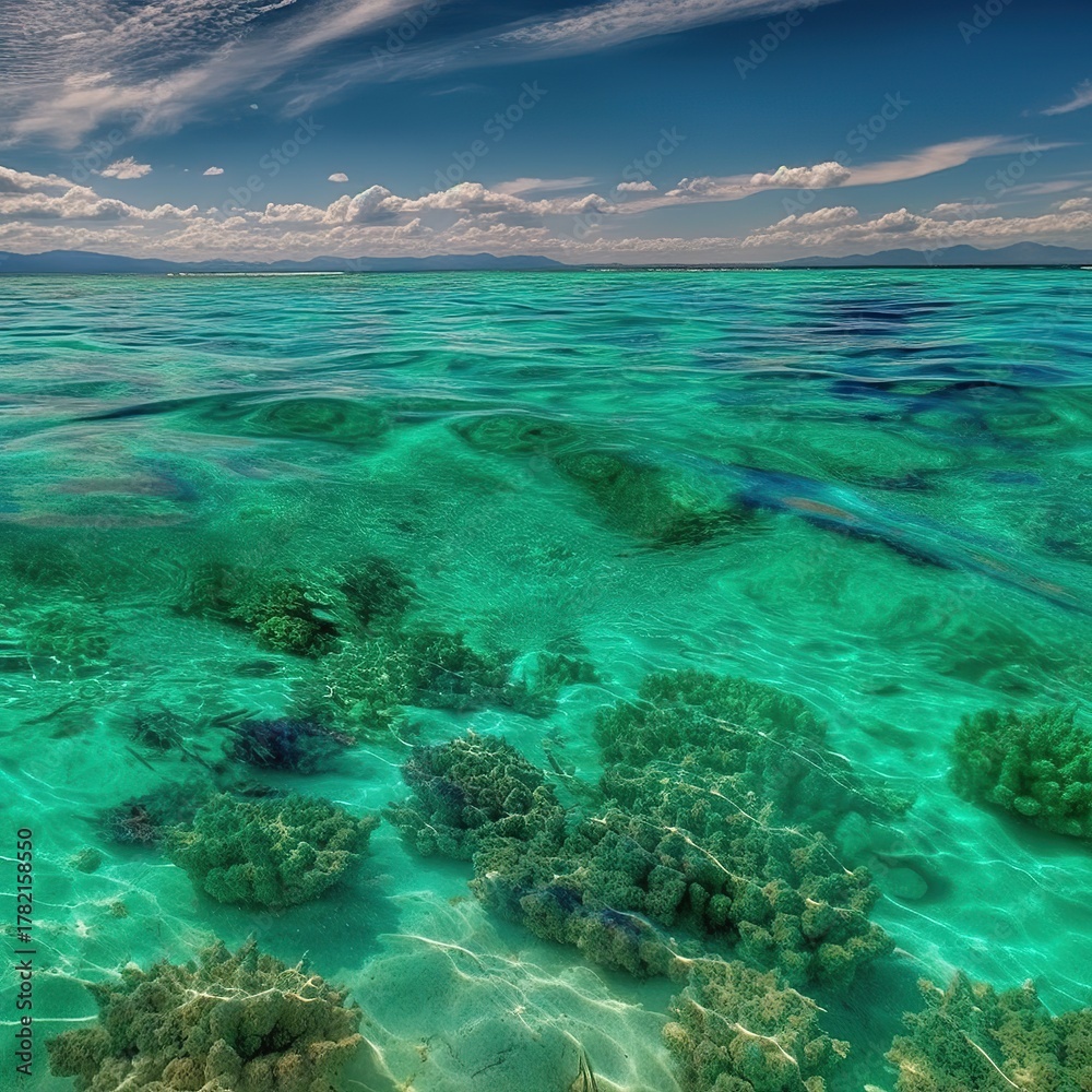 Obraz premium Breathtaking turquoise sea, white sand beach, green cliff, crystal waters, serene coastal view, tropical paradise, relaxing seaside landscape, high-quality wallpaper material, natural beauty, ocean